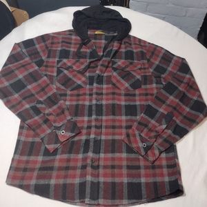 Revess Black and Burgundy Plaid Button Down Hooded Long Sleeve Shirt